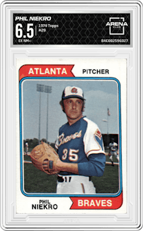 Phil Niekro from the 1974 Topps set graded by Arena Club and given an overall grade of 6.5.