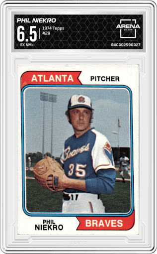 Phil Niekro from the 1974 Topps set graded by Arena Club and given an overall grade of 6.5.
