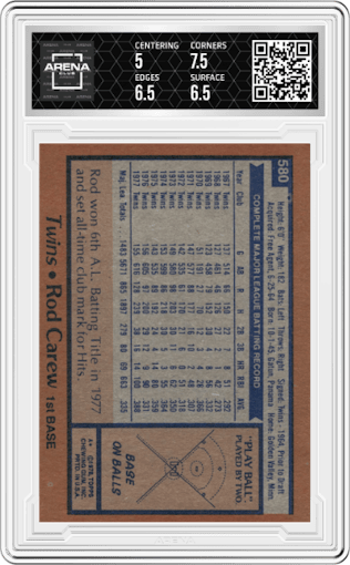 Rod Carew from the 1978 Topps set graded by Arena Club and given an overall grade of 5.5.