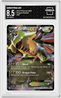 Giratina ex from the 2012 Pokemon B&W set graded by Arena Club and given an overall grade of 8.5.