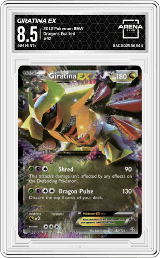 Giratina ex from the 2012 Pokemon B&W set graded by Arena Club and given an overall grade of 8.5.
