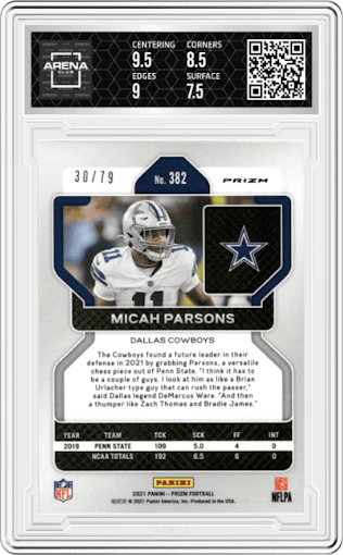 Micah Parsons from the 2021 Panini Prizm set featuring a No Huddle Blue parallel graded by Arena Club and given an overall grade of 8.