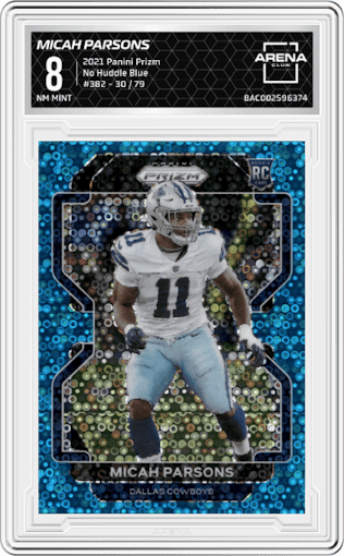 Micah Parsons from the 2021 Panini Prizm set featuring a No Huddle Blue parallel graded by Arena Club and given an overall grade of 8.