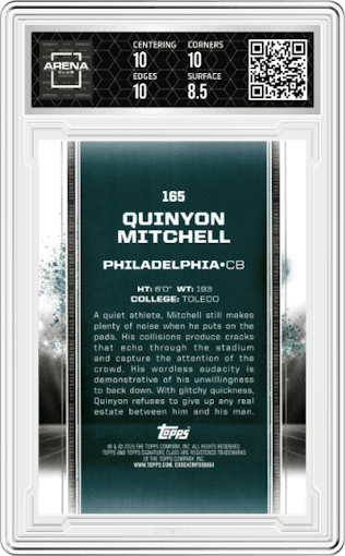 Quinyon Mitchell from the 2024 Topps Signature Class set graded by Arena Club and given an overall grade of 9.