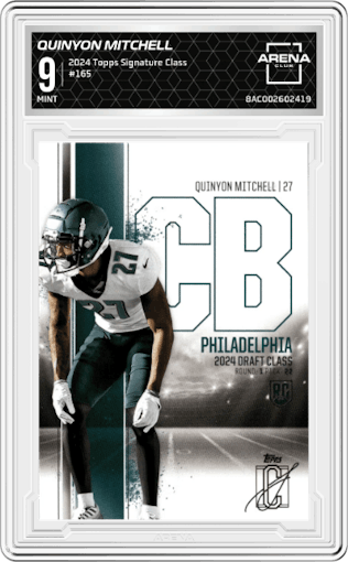 Quinyon Mitchell from the 2024 Topps Signature Class set graded by Arena Club and given an overall grade of 9.