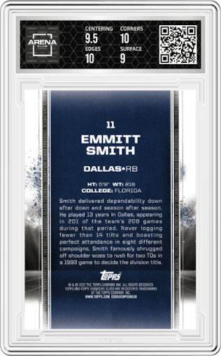 Emmitt Smith from the 2024 Topps Signature Class set graded by Arena Club and given an overall grade of 9.5.