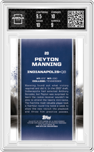 Peyton Manning from the 2024 Topps Signature Class set graded by Arena Club and given an overall grade of 9.5.