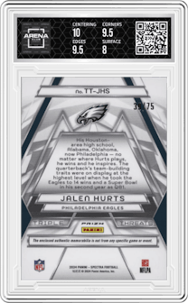 Jalen Hurts from the 2024 Panini Spectra set featuring a Hyper parallel graded by Arena Club and given an overall grade of 8.5.