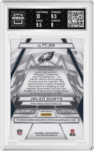 Jalen Hurts from the 2024 Panini Spectra set featuring a Hyper parallel graded by Arena Club and given an overall grade of 8.5.