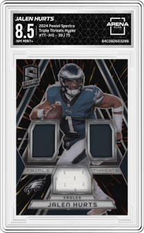 Jalen Hurts from the 2024 Panini Spectra set featuring a Hyper parallel graded by Arena Club and given an overall grade of 8.5.