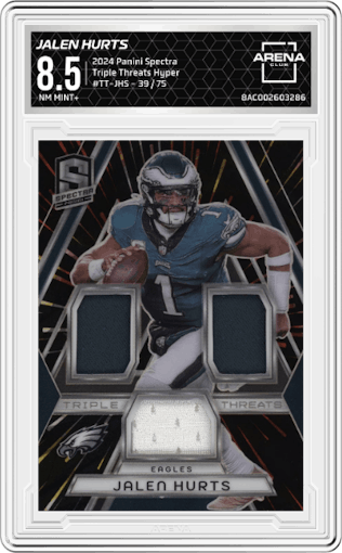 Jalen Hurts from the 2024 Panini Spectra set featuring a Hyper parallel graded by Arena Club and given an overall grade of 8.5.