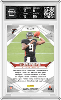 Michael Penix Jr. from the 2024 Panini Phoenix set featuring a Gold Fade parallel graded by Arena Club and given an overall grade of 9.5.