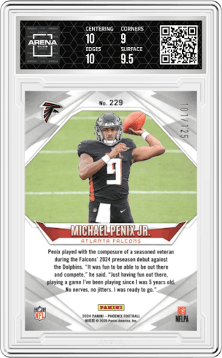 Michael Penix Jr. from the 2024 Panini Phoenix set featuring a Gold Fade parallel graded by Arena Club and given an overall grade of 9.5.