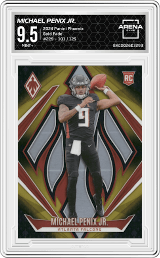 Michael Penix Jr. from the 2024 Panini Phoenix set featuring a Gold Fade parallel graded by Arena Club and given an overall grade of 9.5.