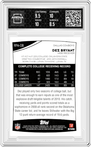 Dez Bryant from the 2010 Topps set graded by Arena Club and given an overall grade of 9.