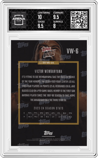 Victor Wembanyama from the 2023-24 Topps Now set graded by Arena Club and given an overall grade of 8.5.