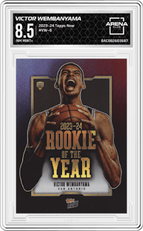 Victor Wembanyama from the 2023-24 Topps Now set graded by Arena Club and given an overall grade of 8.5.