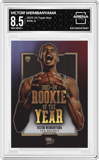 Victor Wembanyama from the 2023-24 Topps Now set graded by Arena Club and given an overall grade of 8.5.