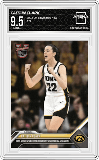 Caitlin Clark from the 2023-24 Bowman U Now set graded by Arena Club and given an overall grade of 9.5.