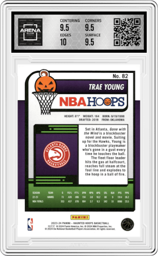 Trae Young from the 2023-24 Panini Haunted Hoops set featuring a Holo Webs parallel graded by Arena Club and given an overall grade of 10.