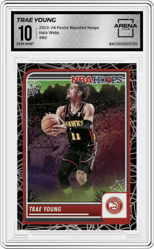 Trae Young from the 2023-24 Panini Haunted Hoops set featuring a Holo Webs parallel graded by Arena Club and given an overall grade of 10.