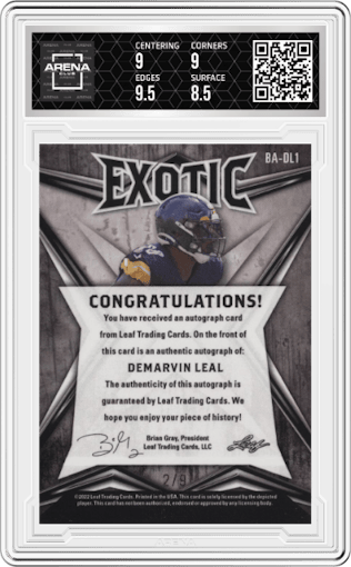 DeMarvin Leal from the 2022 Leaf Exotic  set featuring a Prismatic Snakeskin parallel graded by Arena Club and given an overall grade of 9.