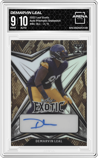 DeMarvin Leal from the 2022 Leaf Exotic  set featuring a Prismatic Snakeskin parallel graded by Arena Club and given an overall grade of 9.