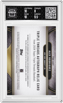 Alex Rodriguez from the 2024 Topps Triple Threads set featuring a Gold parallel graded by Arena Club and given an overall grade of 8.5.