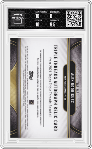 Alex Rodriguez from the 2024 Topps Triple Threads set featuring a Gold parallel graded by Arena Club and given an overall grade of 8.5.