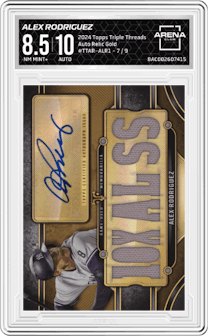 Alex Rodriguez from the 2024 Topps Triple Threads set featuring a Gold parallel graded by Arena Club and given an overall grade of 8.5.