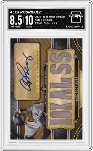 Alex Rodriguez from the 2024 Topps Triple Threads set featuring a Gold parallel graded by Arena Club and given an overall grade of 8.5.