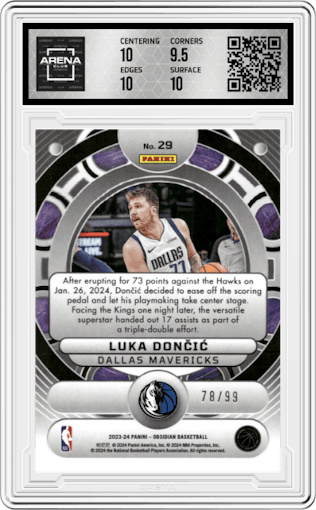 Luka Doncic from the 2023-24 Panini Obsidian set graded by Arena Club and given an overall grade of 10.