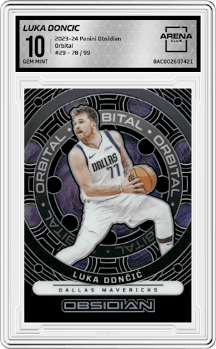 Luka Doncic from the 2023-24 Panini Obsidian set graded by Arena Club and given an overall grade of 10.