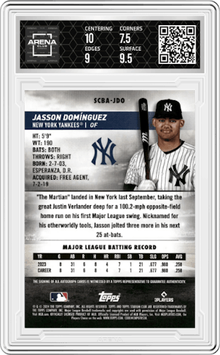 Jasson Dominguez from the 2024 Topps Stadium Club set graded by Arena Club and given an overall grade of 8.