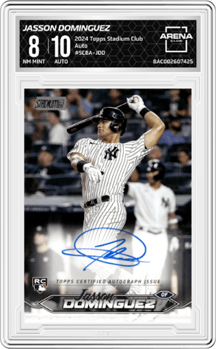 Jasson Dominguez from the 2024 Topps Stadium Club set graded by Arena Club and given an overall grade of 8.