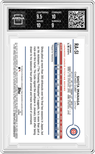 Shota Imanaga from the 2024 Topps Chrome set featuring a Lava Lamp Aqua/Blue Refractors parallel graded by Arena Club and given an overall grade of 9.5.