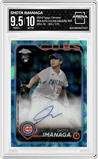 Shota Imanaga from the 2024 Topps Chrome set featuring a Lava Lamp Aqua/Blue Refractors parallel graded by Arena Club and given an overall grade of 9.5.