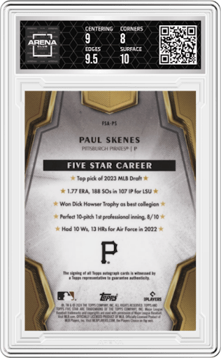 Paul Skenes from the 2024 Topps Five Star set graded by Arena Club and given an overall grade of 8.5.