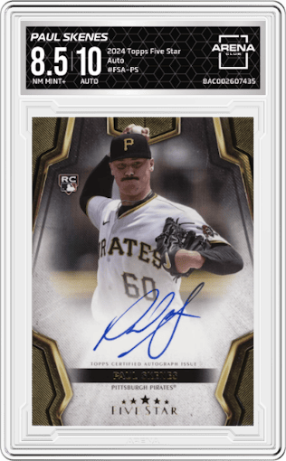 Paul Skenes from the 2024 Topps Five Star set graded by Arena Club and given an overall grade of 8.5.