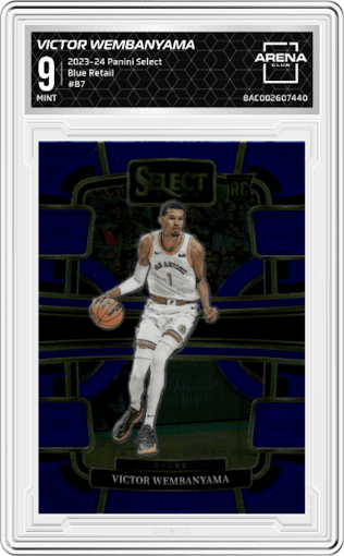 Victor Wembanyama from the 2023-24 Panini Select  set featuring a Blue Retail parallel graded by Arena Club and given an overall grade of 9.