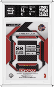Caitlin Clark from the 2024 Panini Prizm Monopoly WNBA set graded by Arena Club and given an overall grade of 9.5.