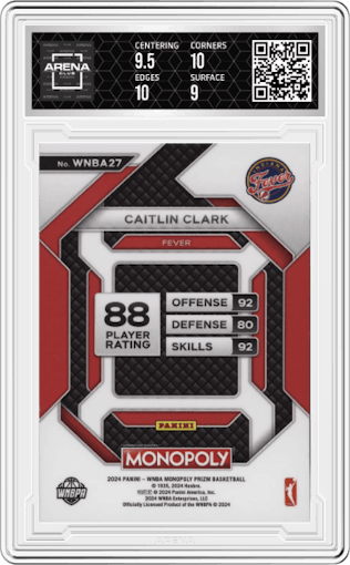 Caitlin Clark from the 2024 Panini Prizm Monopoly WNBA set graded by Arena Club and given an overall grade of 9.5.