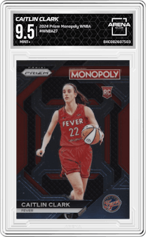 Caitlin Clark from the 2024 Panini Prizm Monopoly WNBA set graded by Arena Club and given an overall grade of 9.5.
