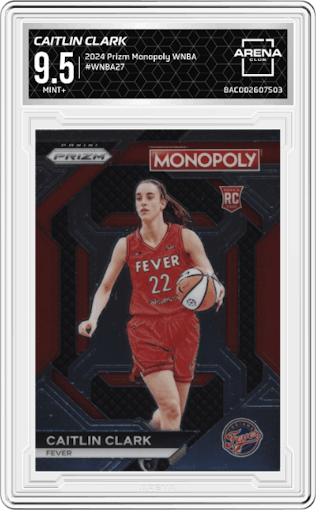 Caitlin Clark from the 2024 Panini Prizm Monopoly WNBA set graded by Arena Club and given an overall grade of 9.5.