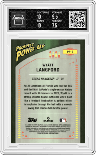 Wyatt Langford from the 2024 Bowman set graded by Arena Club and given an overall grade of 8.