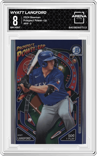 Wyatt Langford from the 2024 Bowman set graded by Arena Club and given an overall grade of 8.