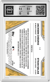 Jackson Chourio/Ethan Salas from the 2024 Bowman Chrome set featuring a Mini-Diamond Refractor parallel graded by Arena Club and given an overall grade of 10.