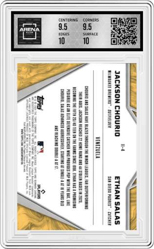 Jackson Chourio/Ethan Salas from the 2024 Bowman Chrome set featuring a Mini-Diamond Refractor parallel graded by Arena Club and given an overall grade of 10.