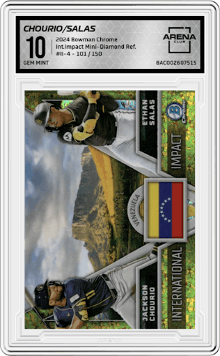 Jackson Chourio/Ethan Salas from the 2024 Bowman Chrome set featuring a Mini-Diamond Refractor parallel graded by Arena Club and given an overall grade of 10.