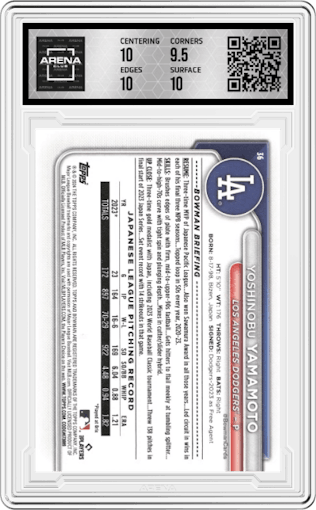 Yoshinobu Yamamoto from the 2024 Bowman set graded by Arena Club and given an overall grade of 10.
